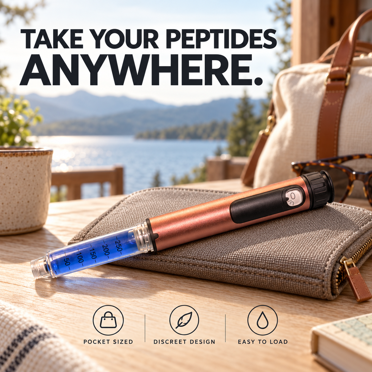 Copper injector pen resting on a travel wallet at a lakeside table with a bag and sunglasses — take your peptides anywhere