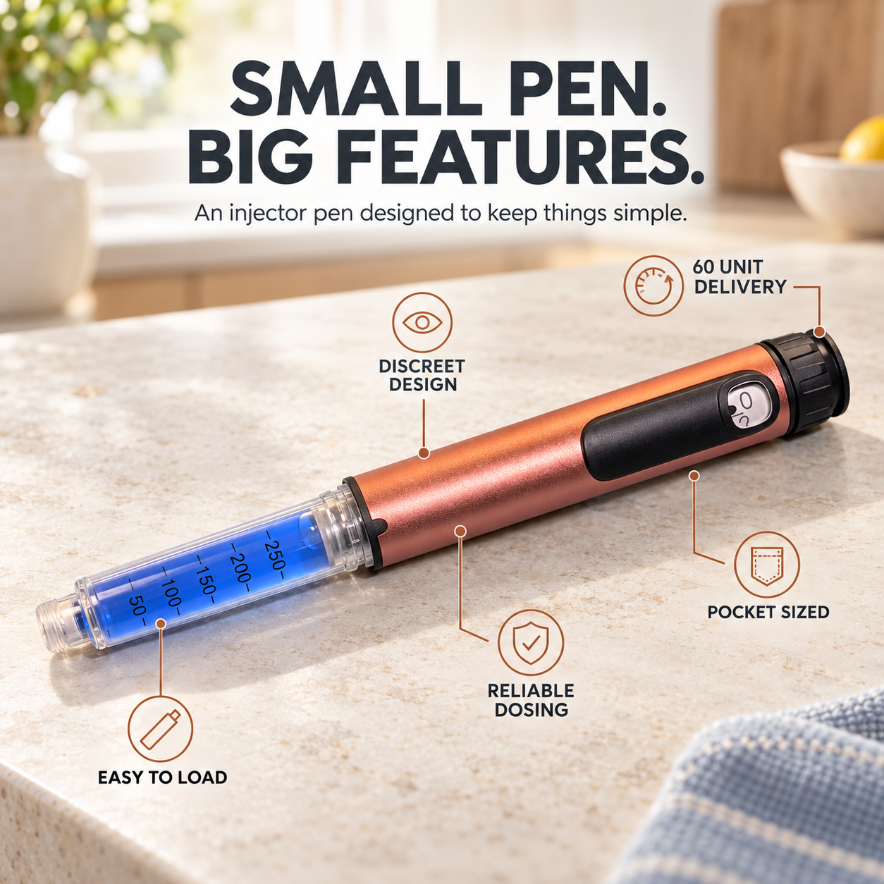 Copper injector pen on a marble counter with annotated callouts for its key features